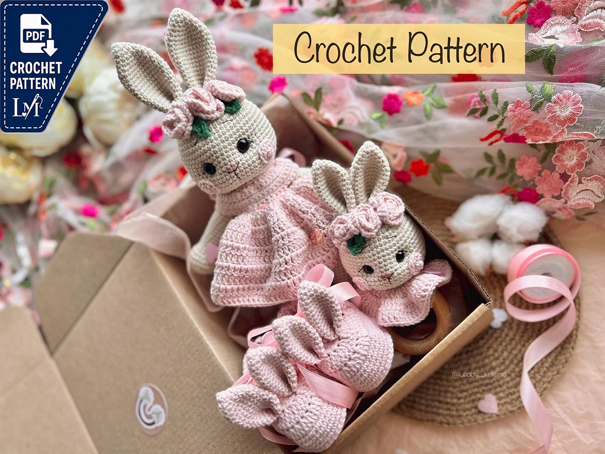 CROCHET PATTERN SET 3in1, Rabbit in dress, Rattle Rabbit, Booties, Diy, Instructions Pdf English, Stuffed Bunny, Baby Rattle, Cute Bunnies